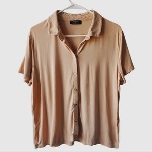 T TAHARI Lyocell Short Sleeve Button Down Top in Warm Sand/Beige/Cream/Tan/Nude